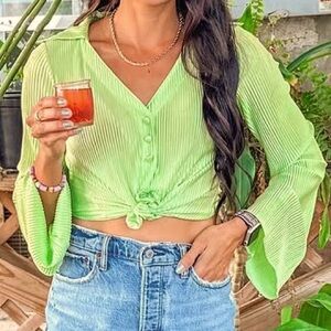 LYANER Women's Deep V Neck Button Front Bell Long Sleeve Blouse